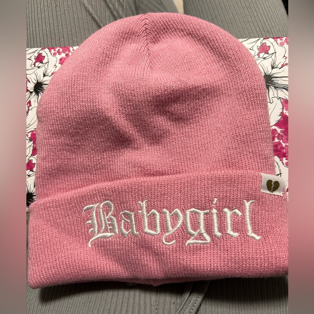 Baby pink, “baby girl” beanie brand new, never worn